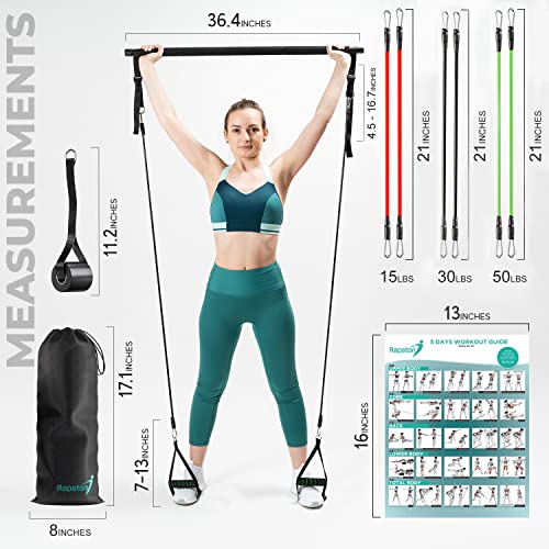 Premium Pilates Bar Kit with Resistance Bands - 6 Exercise Resistance Bands (15, 30, 50 lbs) - Home Workout Equipment for Women and Men - Pilates Stretch Fusion Bar for Effective Home Workouts