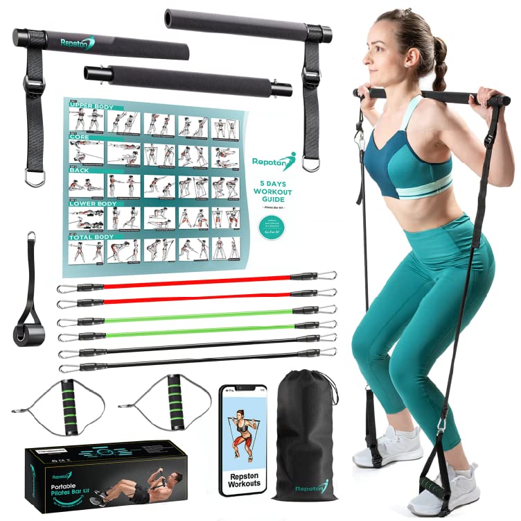 Premium Pilates Bar Kit with Resistance Bands - 6 Exercise Resistance Bands (15, 30, 50 lbs) - Home Workout Equipment for Women and Men - Pilates Stretch Fusion Bar for Effective Home Workouts