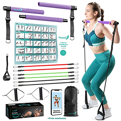 Premium Pilates Bar Kit with Resistance Bands - 6 Exercise Resistance Bands (15, 30, 50 lbs) - Home Workout Equipment for Women and Men - Pilates Stretch Fusion Bar for Effective Home Workouts