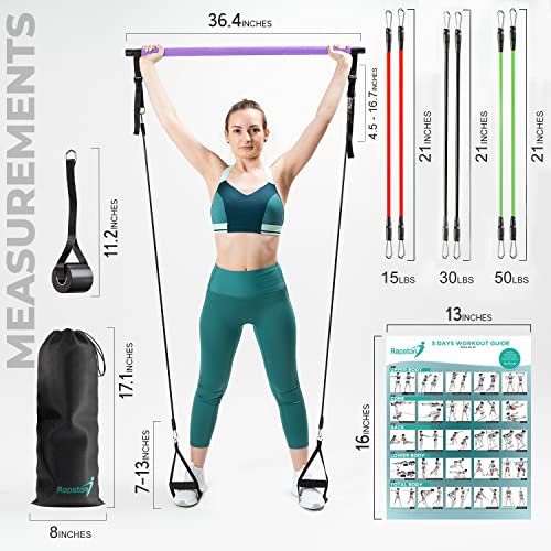 Premium Pilates Bar Kit with Resistance Bands - 6 Exercise Resistance Bands (15, 30, 50 lbs) - Home Workout Equipment for Women and Men - Pilates Stretch Fusion Bar for Effective Home Workouts